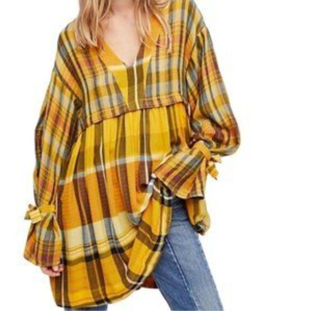 M Urban Outfitters Plaid Tunic Mini Dress Long Sleeve Yellow Black V Neck - Picture 1 of 13